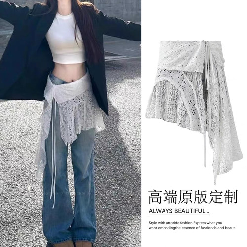 白色蕾丝花边屁帘女2026新款韩系高级不规则叠穿镂空半身裙子裙帘