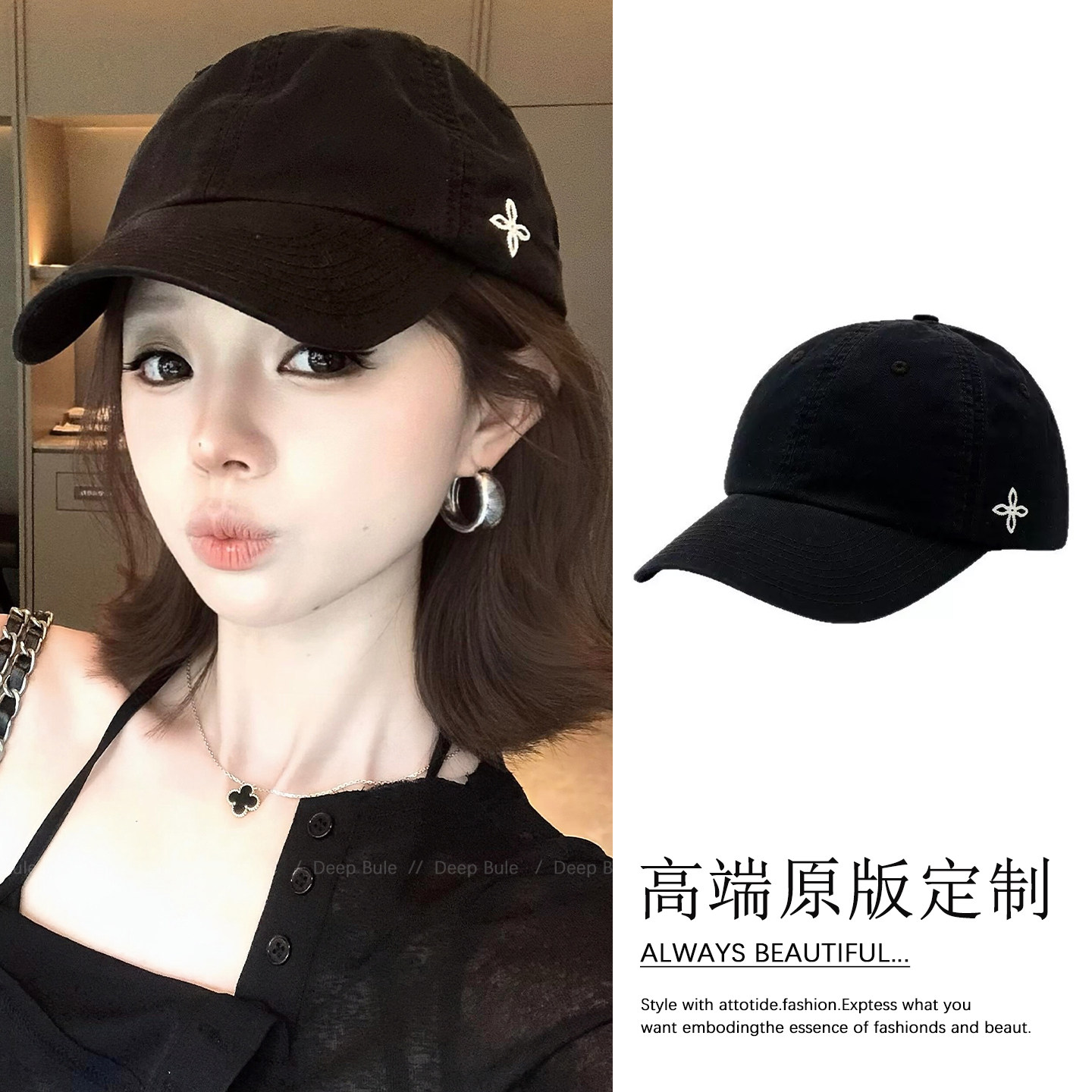 十字花黑色鸭舌帽女款2026新款简约百搭大头围棒球帽夏季薄款帽子图片