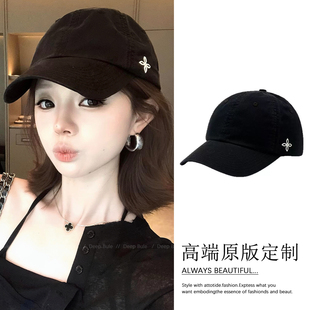 十字花黑色鸭舌帽女款2026新款简约百搭大头围棒球帽夏季薄款帽子