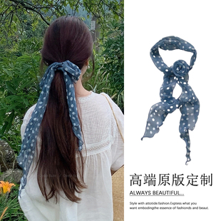 波点蓝色丝巾绑发发带女2026新款夏季薄款韩系高级感玫瑰花飘带女