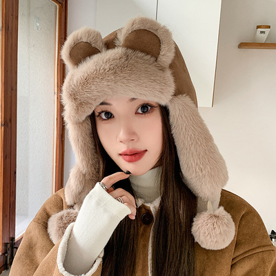 韩版可爱帽子女冬季保暖雷锋帽护耳毛球毛绒帽大头围显脸小包头帽