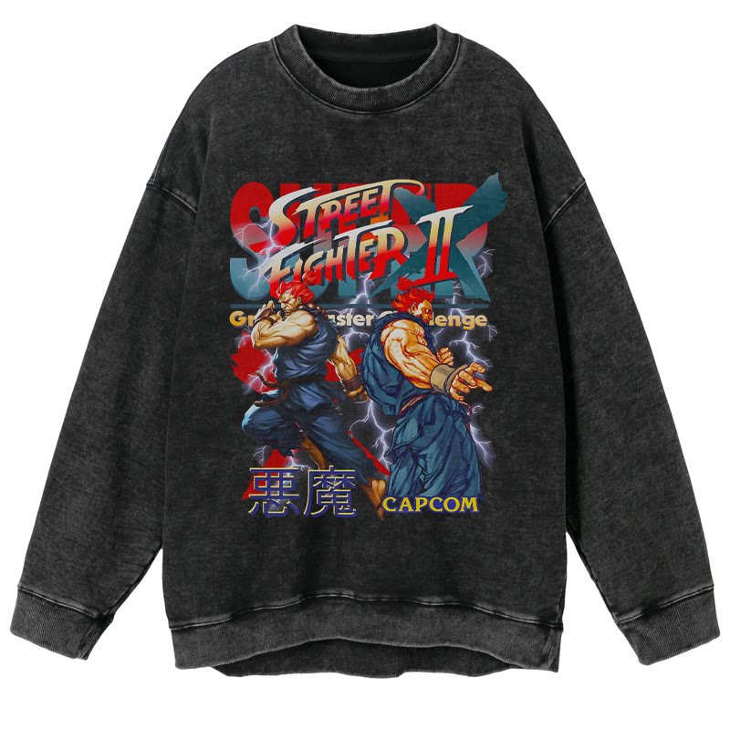 街头霸王 oversize高街vintag动漫水洗做旧直喷秋冬宽松圆领卫衣