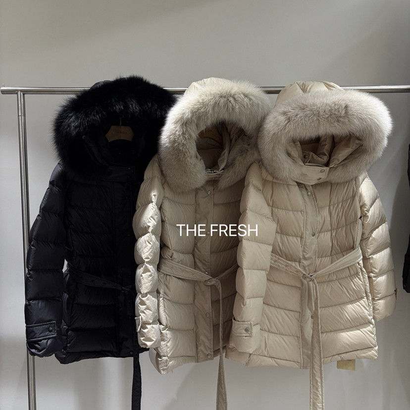 冬上新法式轻奢系带收腰中长保暖羽绒服外套(配可拆真狐狸毛毛领)