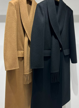 冬上新拼接围巾流苏款气质羊毛外套（含50%澳毛）(50%山羊绒)