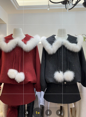 冬上新韩系甜美海军领亮片狐狸毛羽绒服+A字裙两件套装