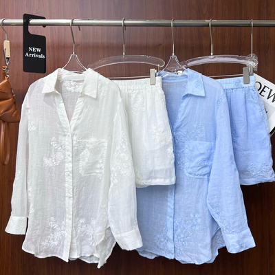 26年夏上新！朦胧美慵懒风刺绣亚麻衬衫+休闲短裤两件套套装