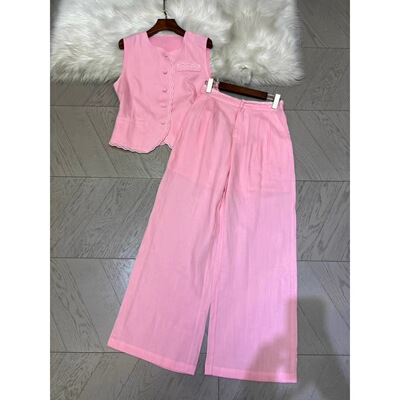 夏上新！100%纯亚麻边缘精致蕾丝花边点缀马甲+阔腿裤两件套套装