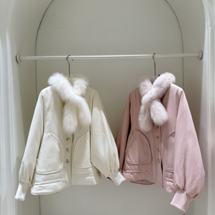冬上新温柔奶油色系毛领保暖羽绒服外套(配可拆卸真狐狸毛毛领)