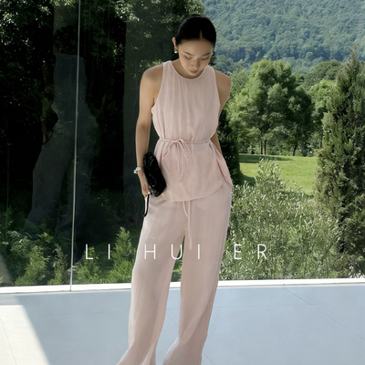 夏上新!极简风优雅气质背心+松紧腰阔腿休闲裤两件套套装(配腰带)