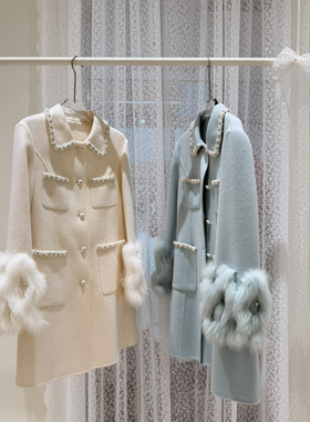 冬上新时尚百搭翻领钉珠单排扣羊毛外套（含10羊绒）