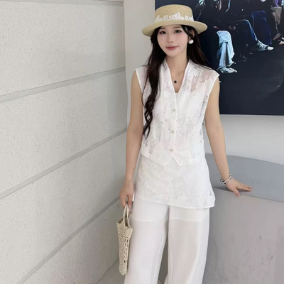 夏上新！法式优雅绝美气质蕾丝马甲+长裤两件套套装(屁帘不可拆)