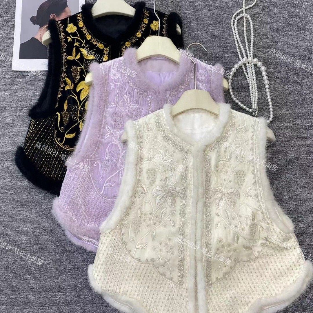 冬上新真丝丝绒刺绣钉珠水貂马甲内胆桑蚕丝棉马甲（含100%真丝）