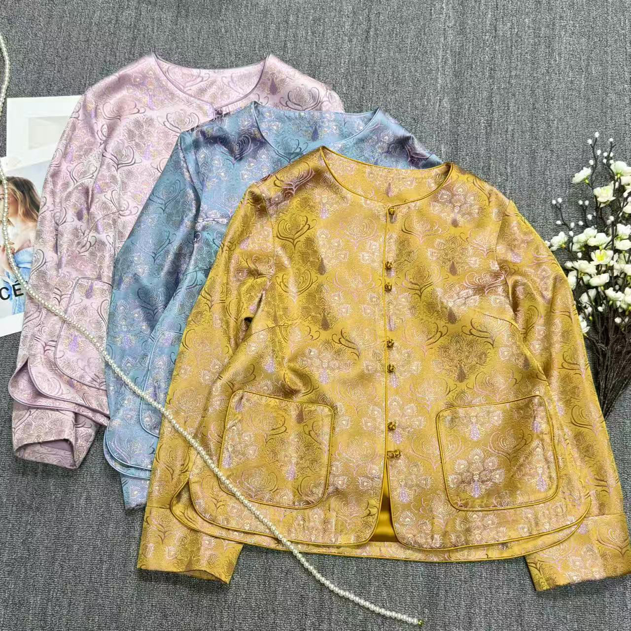 26年早春！大牌老钱新中式桑蚕丝交织提花渐变色调松弛感短外套,女装/女士精品,时尚套装,淘宝优惠券,粉丝福利购,淘宝优惠卷
