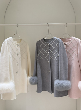 冬上新珍珠扣装饰菱格纹设计感羊毛外套（含10%羊绒）(90%羊毛)