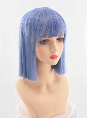 浅蓝色雾霾蓝假发女短直发齐刘海波波头一刀切朵拉酒吧模特假发