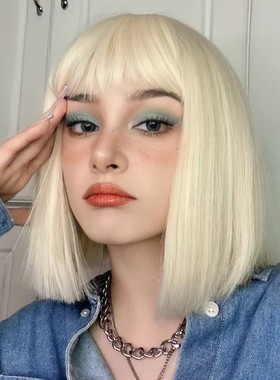 黄色假发女短发漫画刘海头全头套式夏季减龄短直发自然假发套