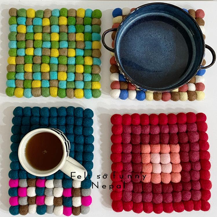 尼泊尔羊毛毡球球垫子方形渐变森系多巴胺餐垫清新氛围感隔热垫