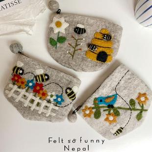 治愈软糯可爱羊毛毡钥匙包耳机口红收纳零钱包田园风手拿包森女风