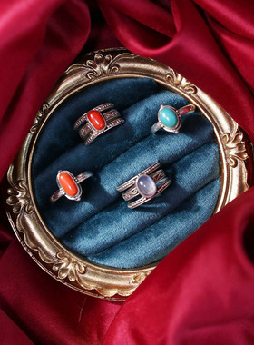 手工S925镶嵌月光石绿松石戒指