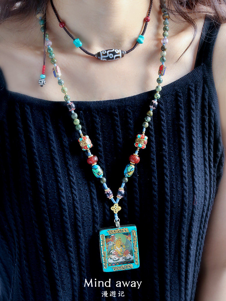 好看原创设计天然非洲绿松石佛牌链子唐卡项链女编织个性万能项链