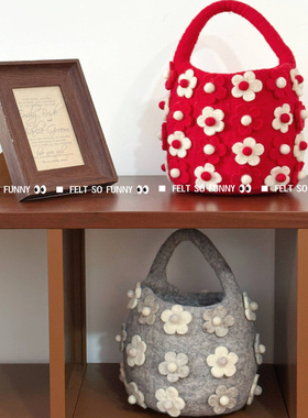 尼泊尔手工立体花朵手提包红色 灰色羊毛毡水桶包  休闲气质文艺