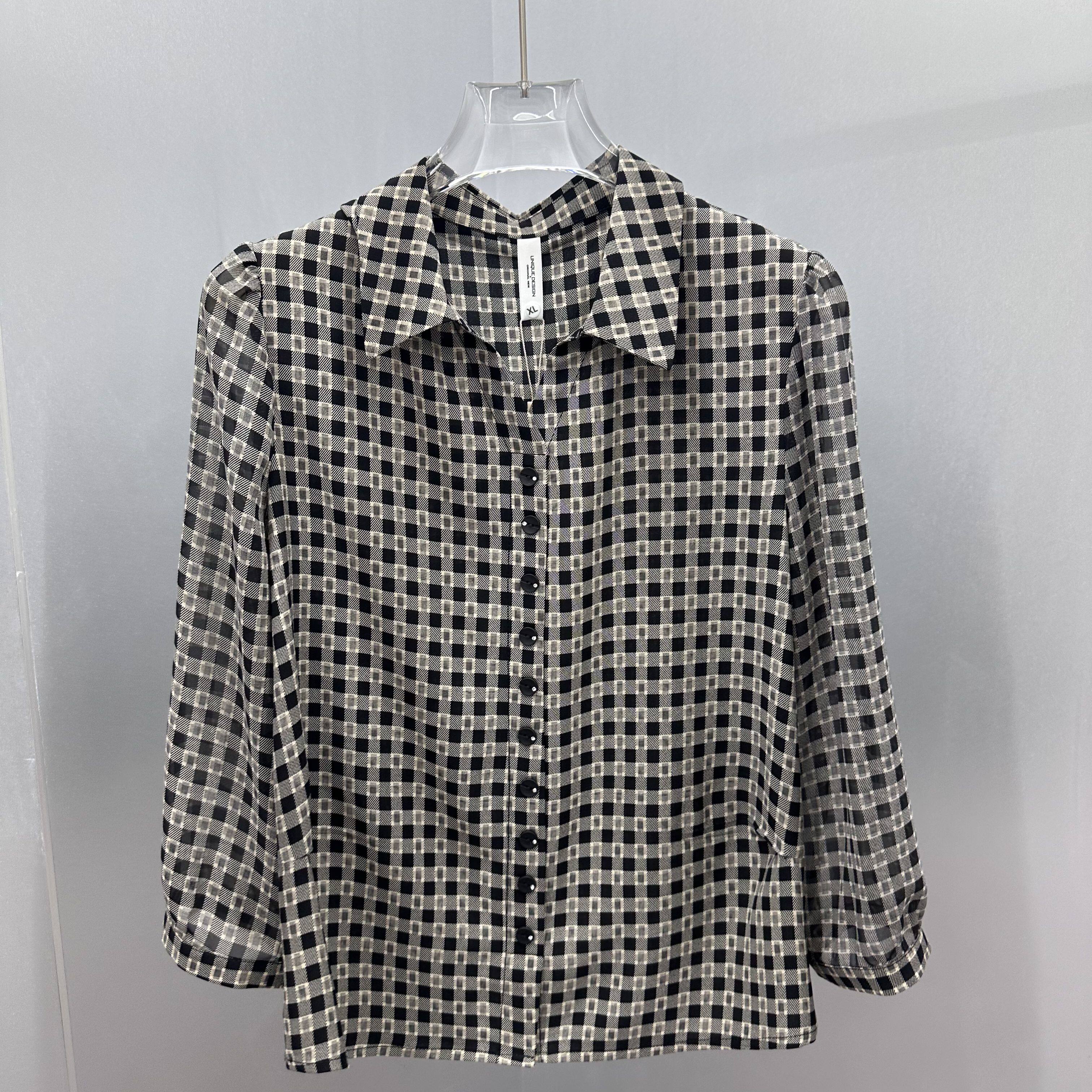鑫远傲88A-09专柜正品新款春季女装时尚翻领格子妈妈装打底雪纺衫