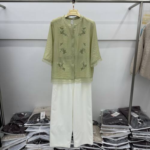 817专柜正品新款夏季女装时尚中袖开衫上衣+阔腿裤两件套妈妈装17