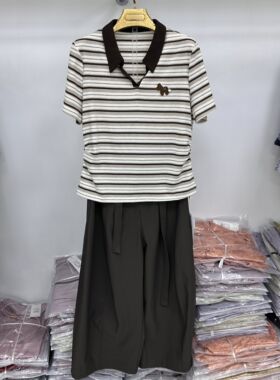 2802专柜正品新款夏季女装翻领条纹上衣+阔腿裤两件套妈妈装女02