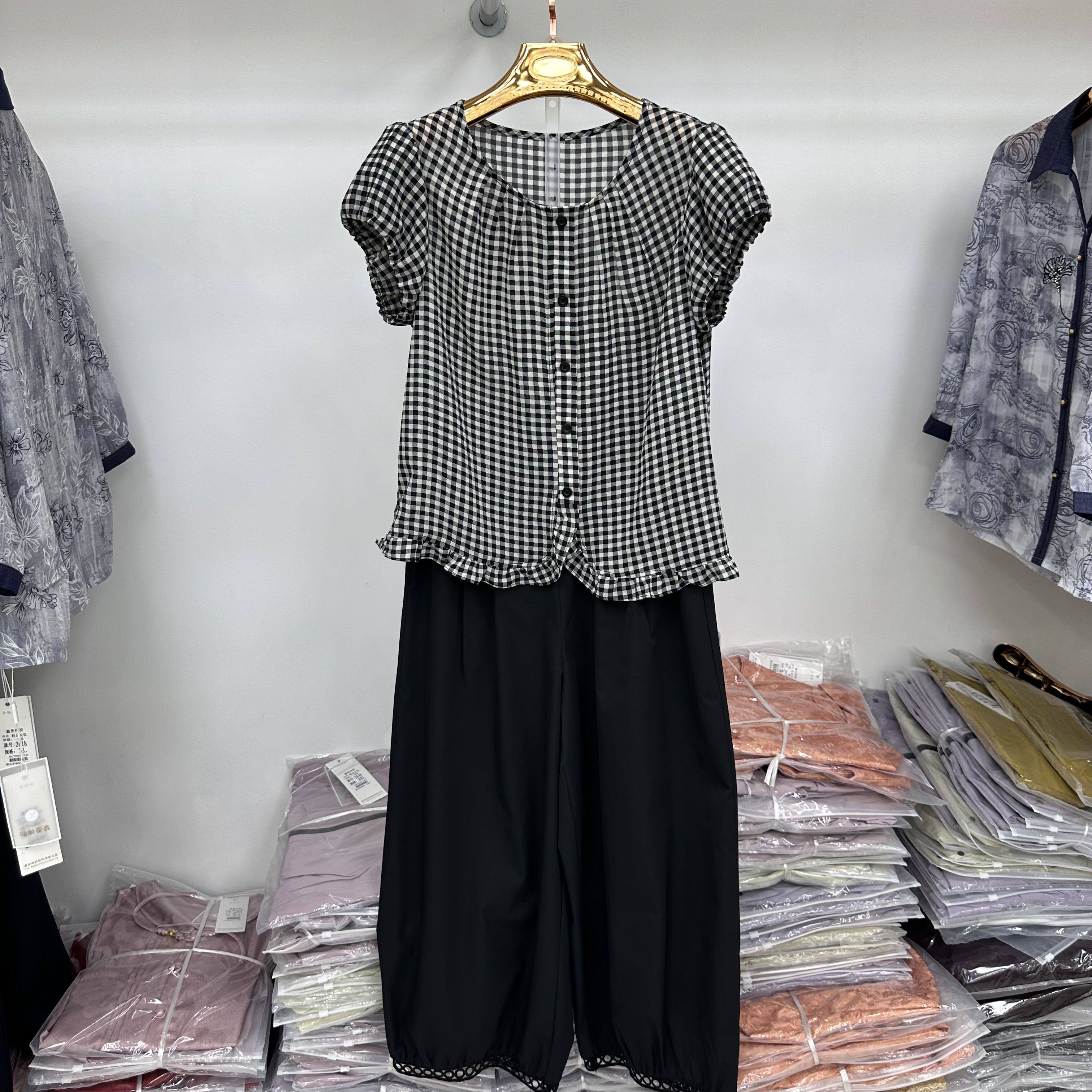 2806专柜正品新款夏季女装时尚短袖格子上衣+阔腿裤妈妈装两件套