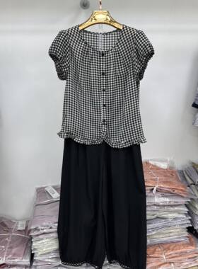 2806专柜新款夏季女装短袖格子上衣+阔腿裤妈妈装两件套AA