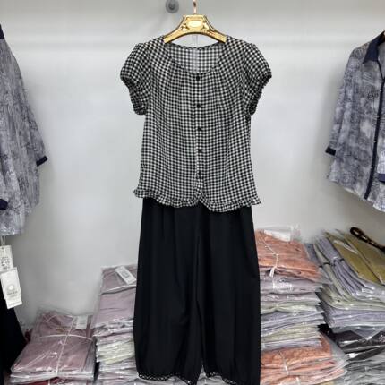 2806专柜正品新款夏季女装时尚短袖格子上衣+阔腿裤妈妈装两件套