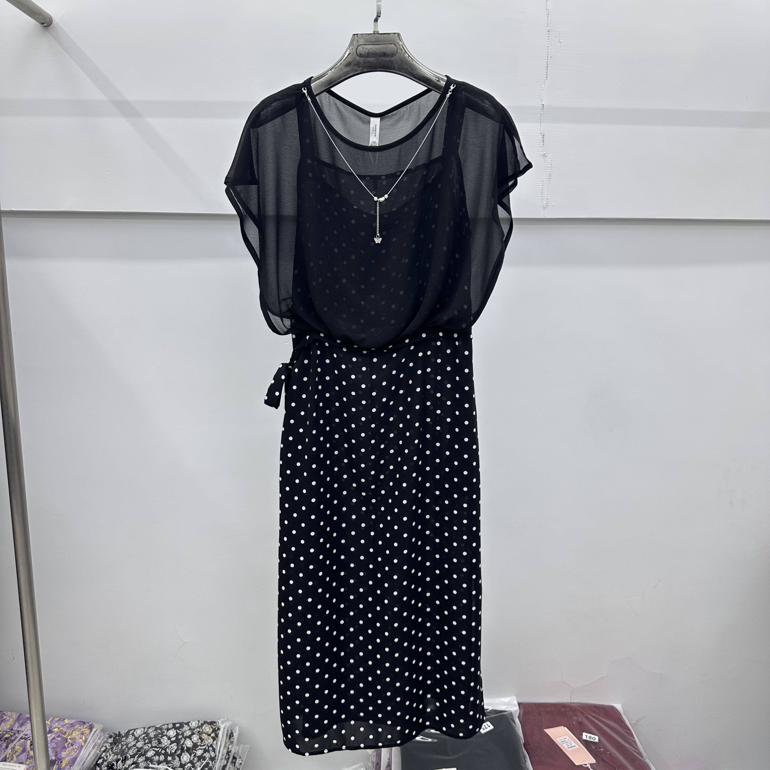 411专柜正品新款夏季女装时尚圆领短袖拼接中长雪纺妈妈装连衣裙