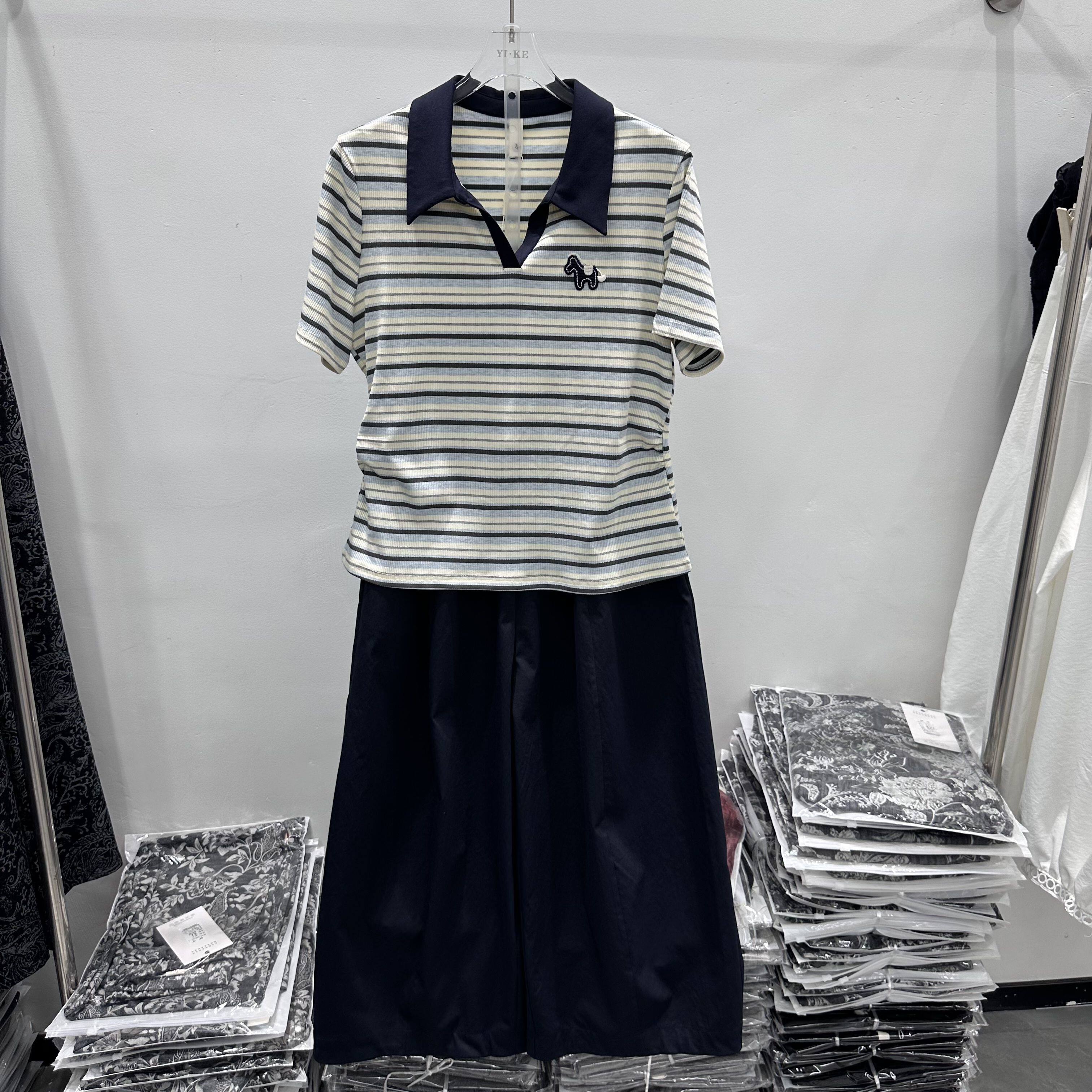 26A907专柜正品新款夏季女装翻领V领短袖条纹上衣+阔腿裤两件套07