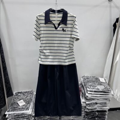 26A907专柜正品新款夏季女装翻领V领短袖条纹上衣+阔腿裤两件套07