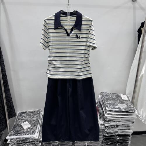 26A907专柜正品新款夏季女装翻领V领短袖条纹上衣+阔腿裤两件套07