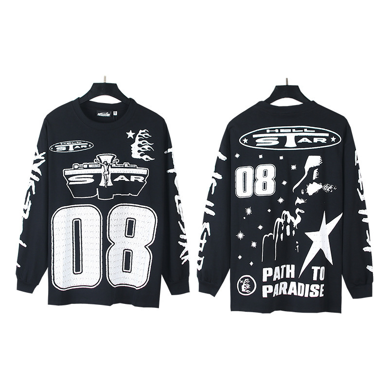 地狱星星美式长袖T恤男士ins街头潮牌上衣秋冬宽松休闲纯棉打底衫