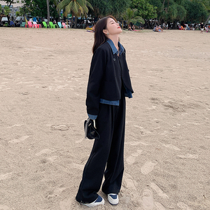 牛仔拼接休闲西装外套女春秋2025超火小众穿搭高级设计感西服套装,牛仔皮草下半身怎么搭配好看图片