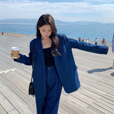 复古蓝色牛仔西装套装女2025秋季新款高级感休闲外套阔腿裤两件套，女装套装/套裙，浙宝266