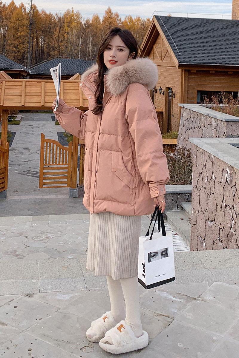 粉色连帽大毛领短款羽绒服女2023冬季新款韩系小个子加厚保暖外套,女装羽绒服,浙宝266
