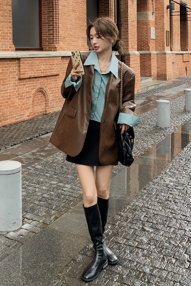 假两件拼接皮衣外套女2025春秋新款美拉德穿搭复古气质时尚小西装,女装西装,浙宝266