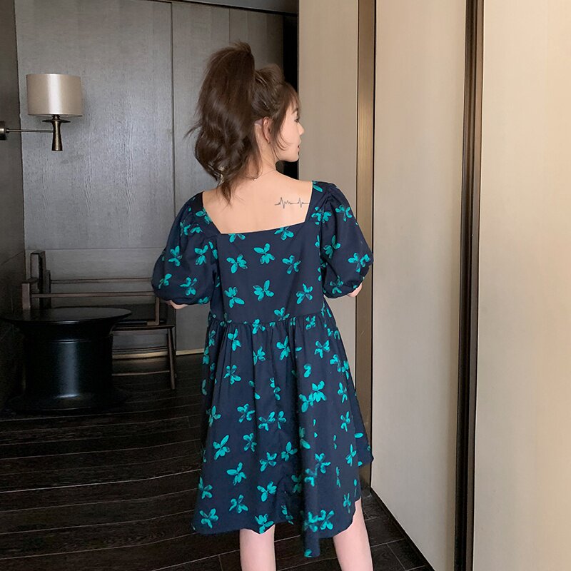 大货已出法式方领泡泡袖藏青色碎花连衣裙266-2336-P95K148,女装连衣裙,浙宝266