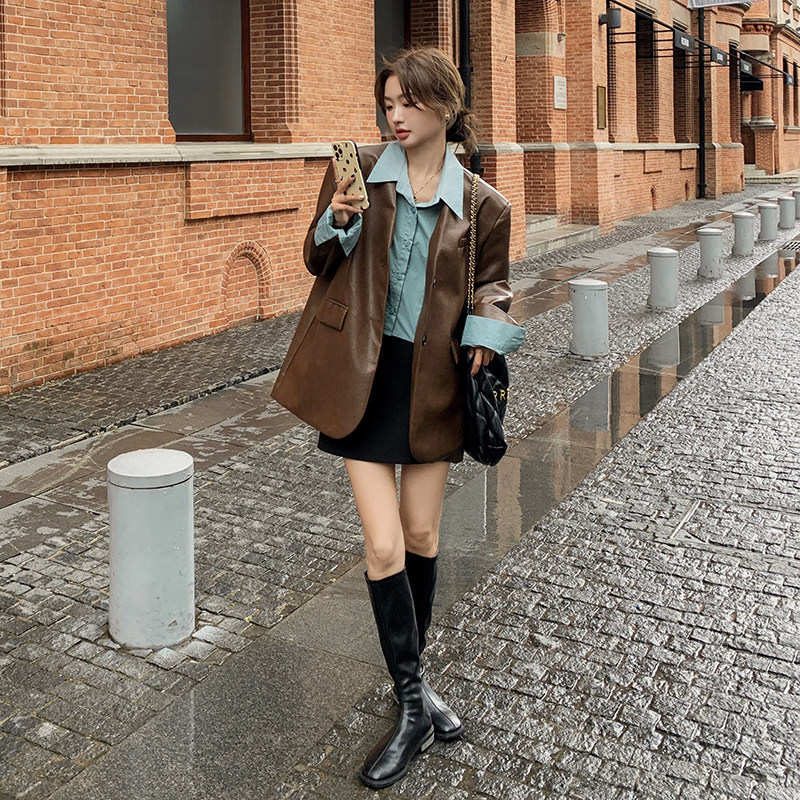 假两件拼接皮衣外套女2025春秋新款美拉德穿搭复古气质时尚小西装,女装西装,浙宝266