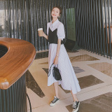 现货2021新款条纹撞色活页系带假两件连衣裙266-6656-P100K158，女装连衣裙，浙宝266