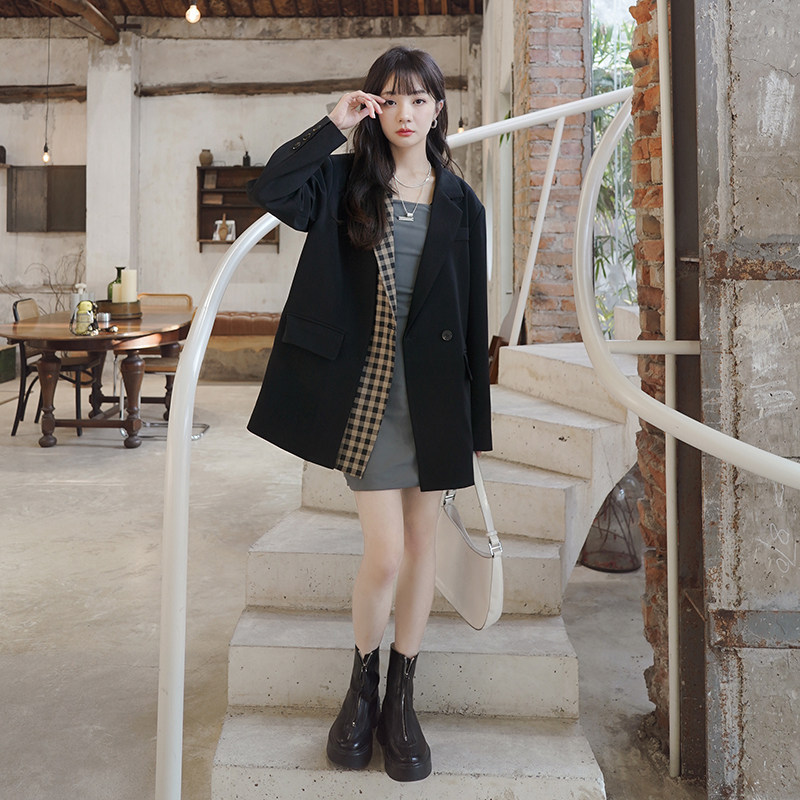 2025春秋新款韩版小个子设计感西服假两件格纹拼接西装外套女ins,女装西装,浙宝266