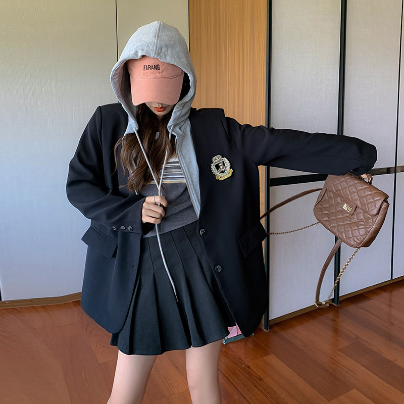 黑色假两件连帽西装外套女2025春秋季新款学院风时尚拼接休闲西服,女装西装,浙宝266