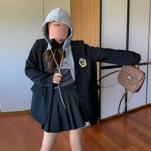 黑色假两件连帽西装外套女2025春秋季新款学院风时尚拼接休闲西服图片