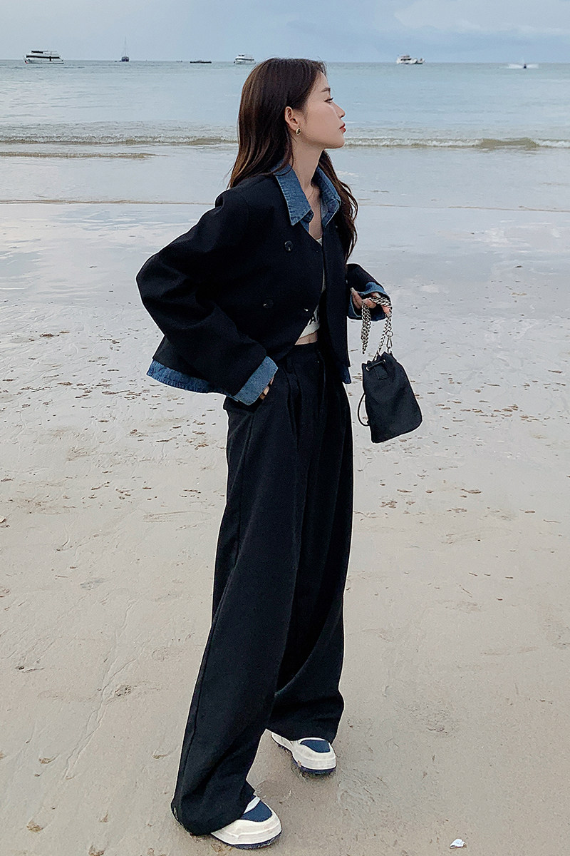 牛仔拼接休闲西装外套女春秋2025超火小众穿搭高级设计感西服套装,女装套装/套裙,浙宝266