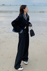牛仔拼接休闲西装外套女春秋2025超火小众穿搭高级设计感西服套装图片
