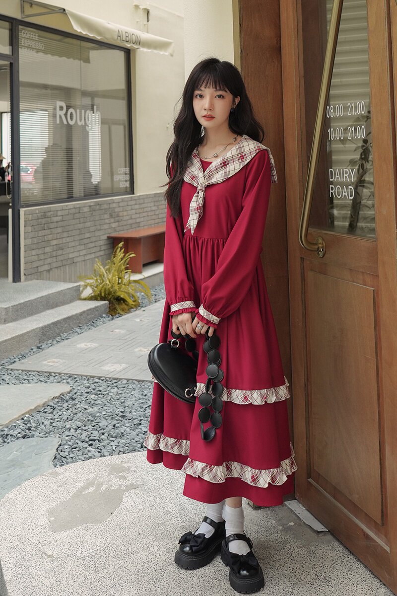 大货已出2022两色格子撞色拼接海军领连衣裙266-2263-P115K168,女装连衣裙,浙宝266