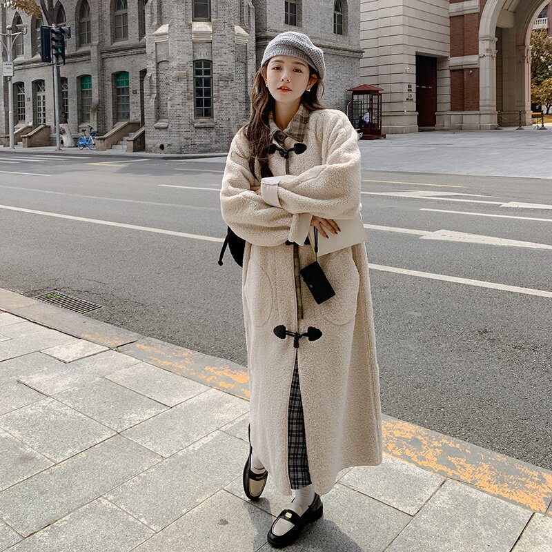 现货新款格子拼接假两件牛角扣羊羔毛外套266-2286-P185K268,女装毛呢外套,浙宝266